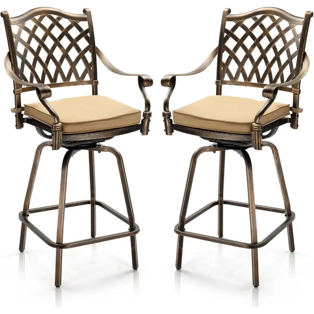Outdoor Swivel Bar Stools Set of 2, Cast Aluminum All-Weather Patio Bar Height Chairs, Patio Bar Dining Chairs Outdoor Swivel P