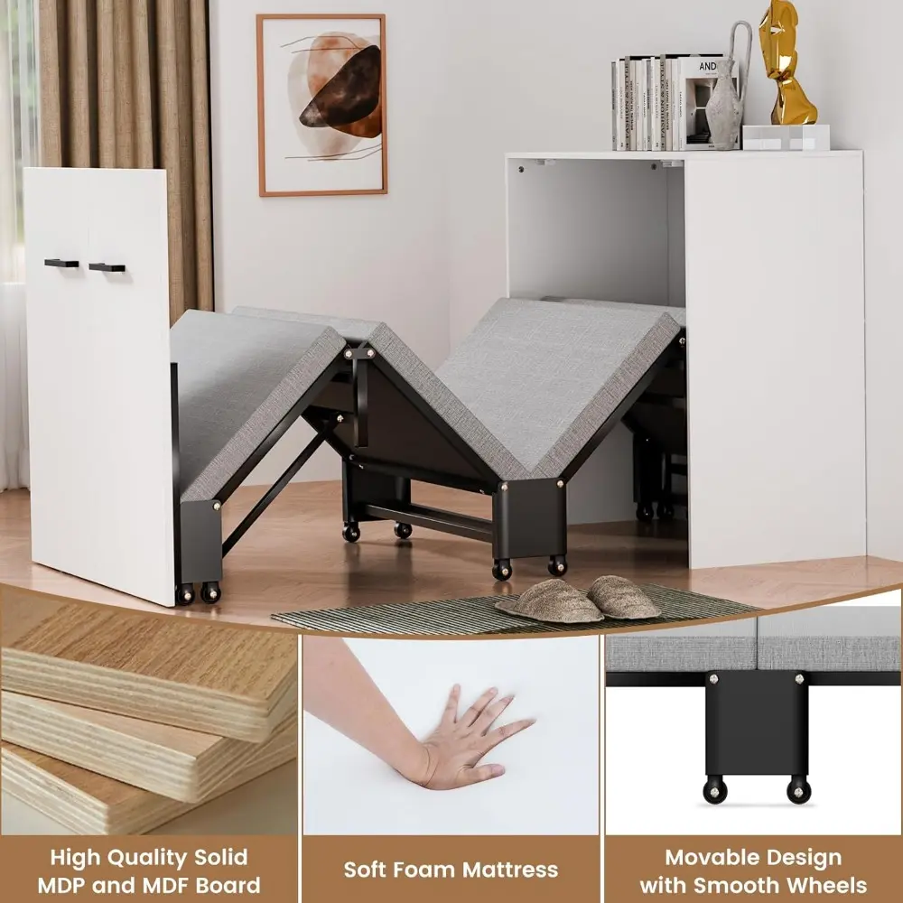 Murphy Bed w/Mattress, Foldable Murphy Bed Cabinet, 75" x 29" Cot Size Fold Out Beds for Guest Bedroom, Living Room, Office, Ea