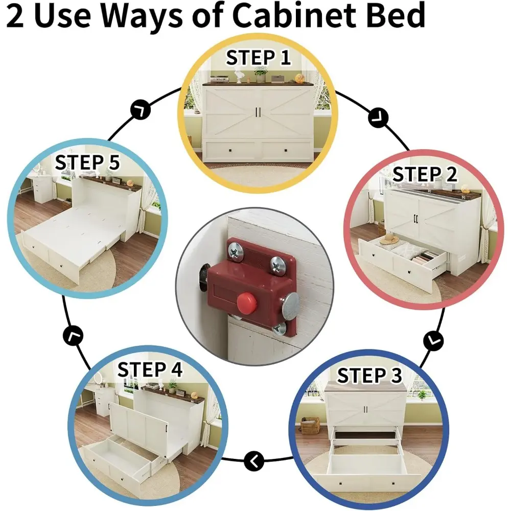Queen Size Murphy Bed with Charging Station, Cabinet Bed with Large Storage Drawer for Home Office or Small Room, Hideaway Full
