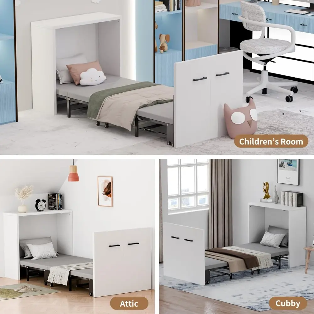 Murphy Bed w/Mattress, Foldable Murphy Bed Cabinet, 75" x 29" Cot Size Fold Out Beds for Guest Bedroom, Living Room, Office, Ea