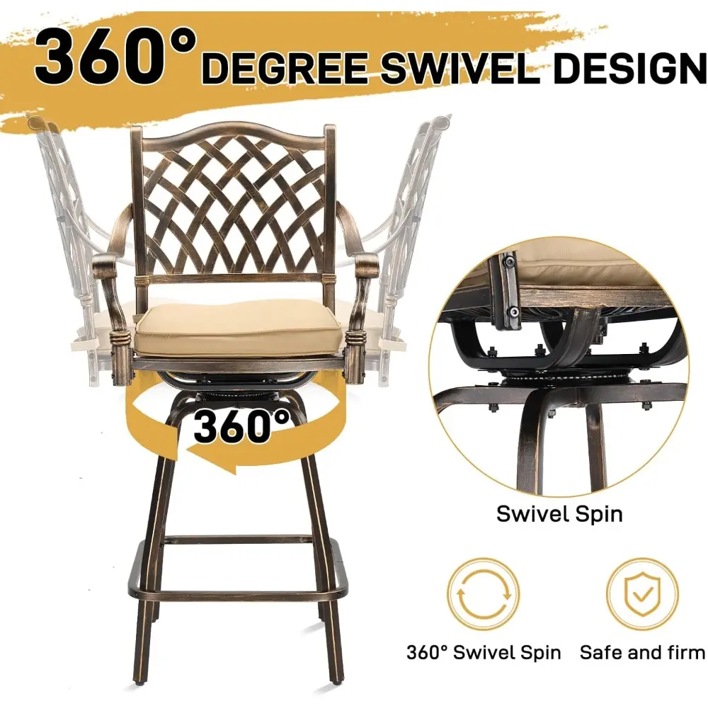 Outdoor Swivel Bar Stools Set of 2, Cast Aluminum All-Weather Patio Bar Height Chairs, Patio Bar Dining Chairs Outdoor Swivel P