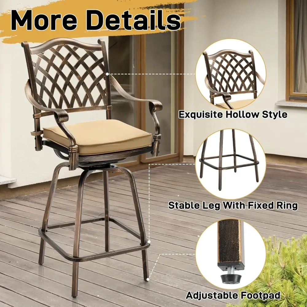 Outdoor Swivel Bar Stools Set of 2, Cast Aluminum All-Weather Patio Bar Height Chairs, Patio Bar Dining Chairs Outdoor Swivel P