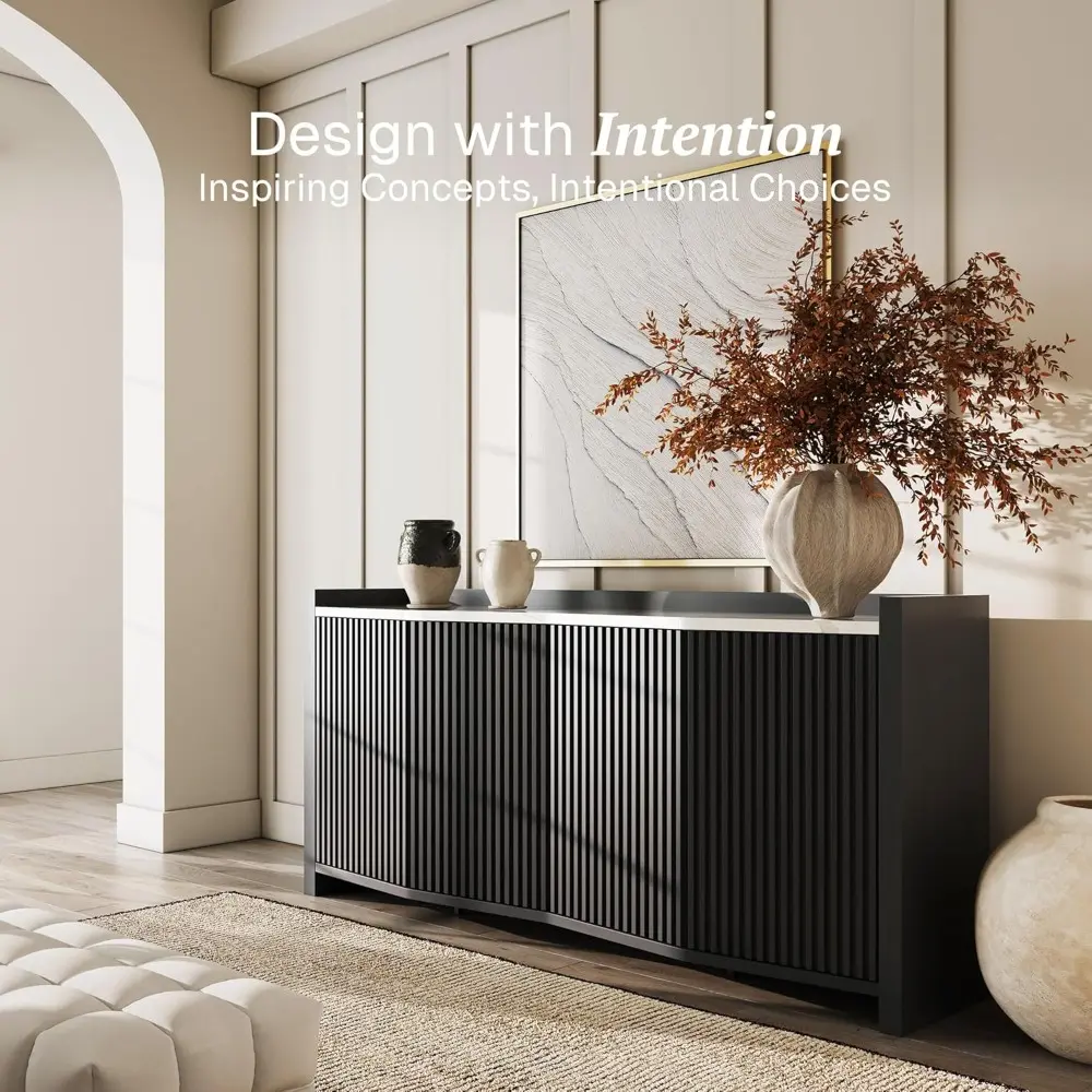 Buffet Cabinet with Storage, 66 Inch Accent Sideboard Modern Credenza with Adjustable Shelves, Fluted Black Buffet Table with F