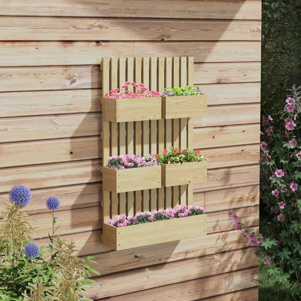 5 Box Raised Garden Bed with Trellis for Vine Flowers Climbing Plants, 39" Tall Wall Mounted Wood Planter Box Set with Adjustabl