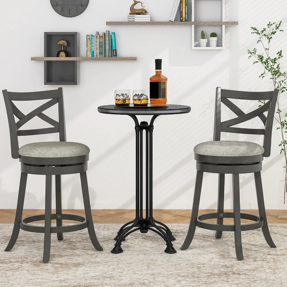 Bar Stools Set of 2, Counter Height Swivel Chairs with Hollow Back & Soft-Padded Seat, Linen Upholstered Pub Stools with Sturdy