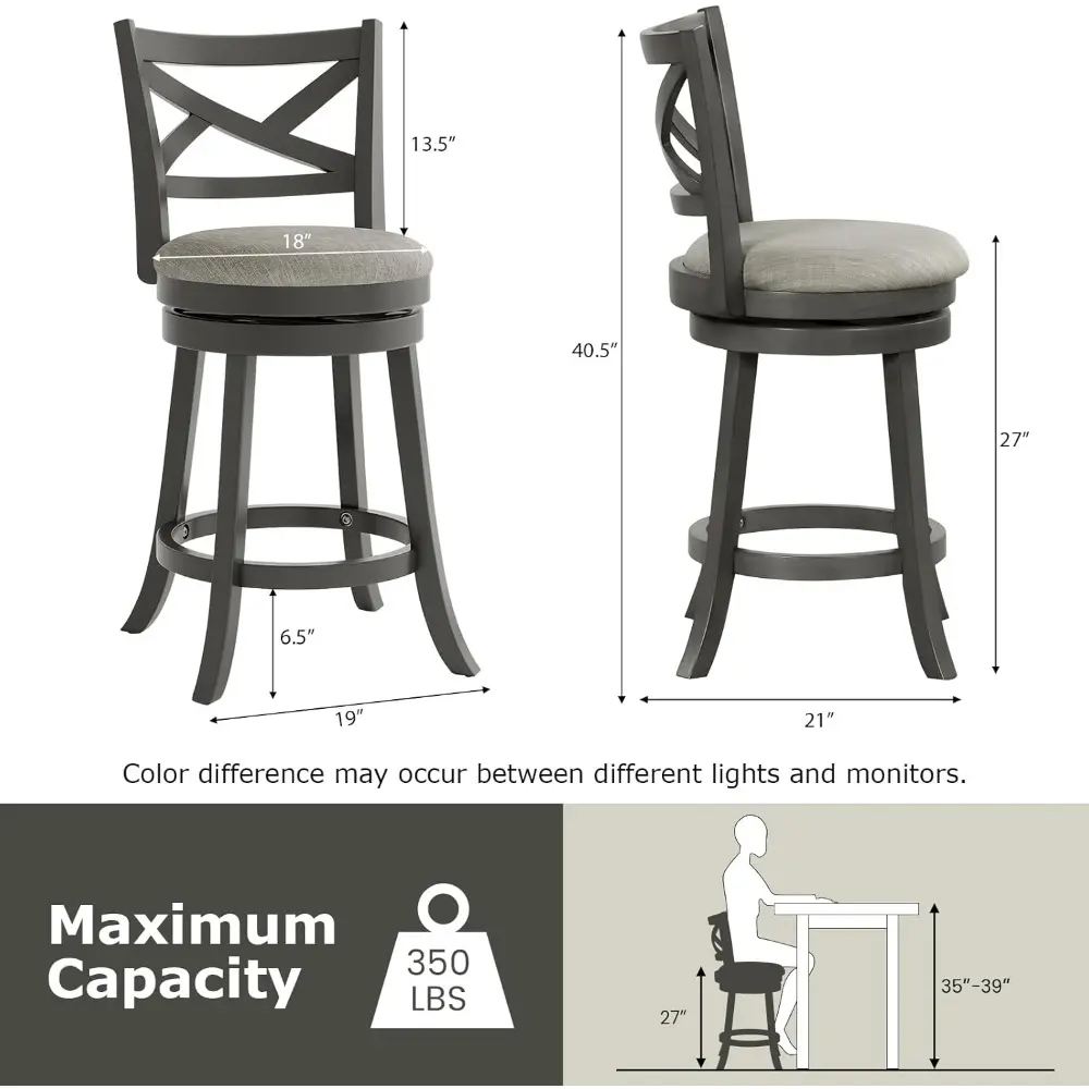 Bar Stools Set of 2, Counter Height Swivel Chairs with Hollow Back & Soft-Padded Seat, Linen Upholstered Pub Stools with Sturdy