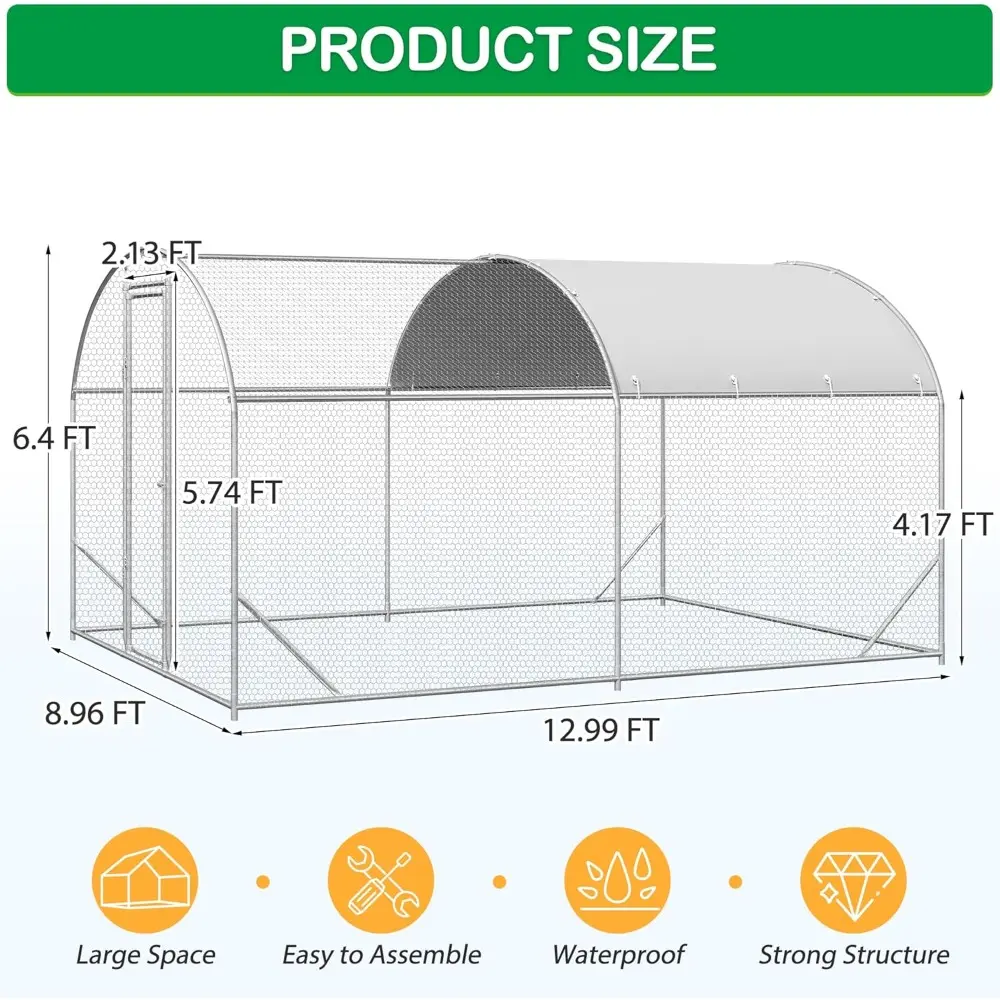 Large Metal Chicken Coop, Walk-in Chicken Run Pen with Waterproof Cover, Dome Roof Poultry Cage for Outdoor, Backyard, Farm (8.9