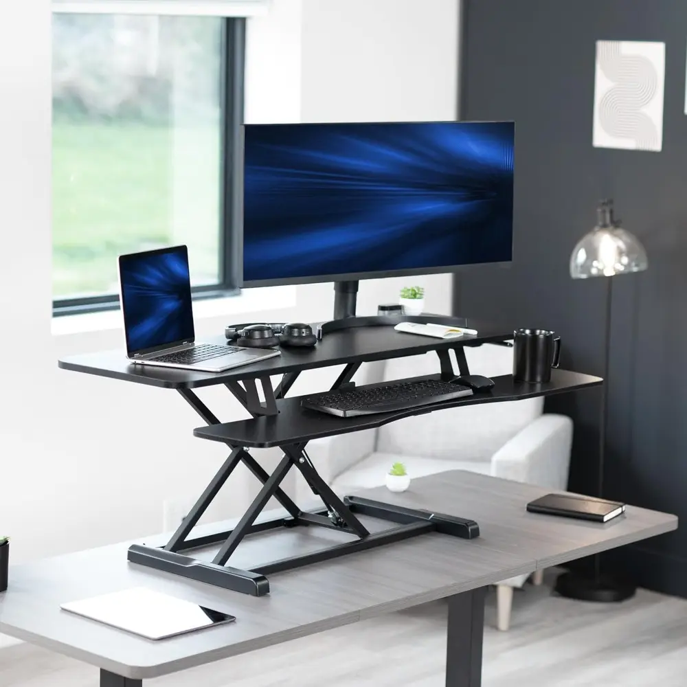 48 inch Desk Converter, K Series, Height Adjustable Sit to Stand Riser, Dual Monitor and Laptop Workstation with Wide Keyboard