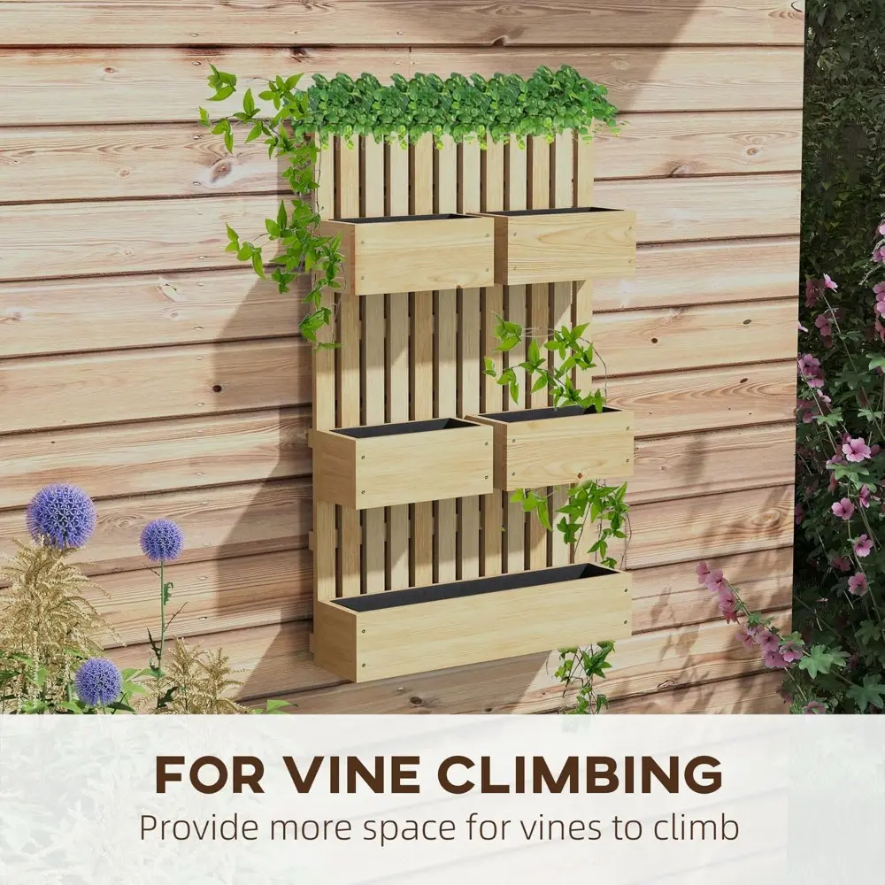 5 Box Raised Garden Bed with Trellis for Vine Flowers Climbing Plants, 39" Tall Wall Mounted Wood Planter Box Set with Adjustabl