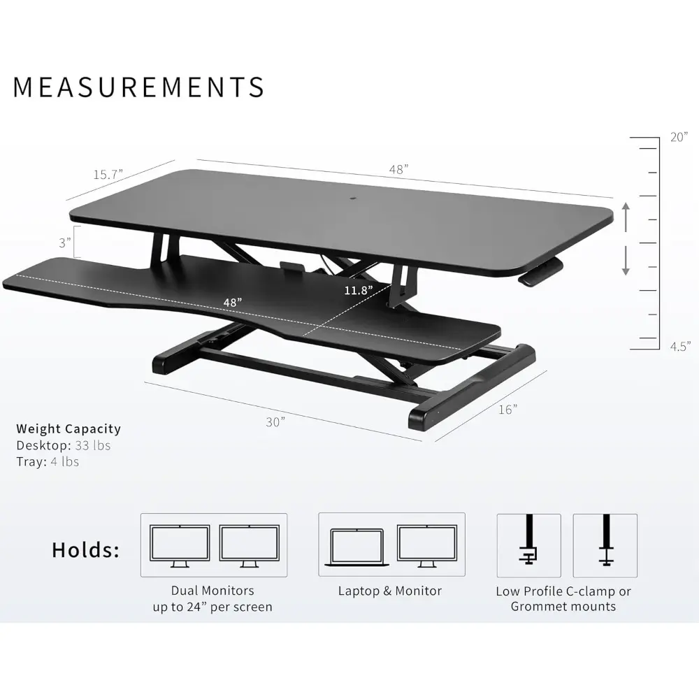 48 inch Desk Converter, K Series, Height Adjustable Sit to Stand Riser, Dual Monitor and Laptop Workstation with Wide Keyboard