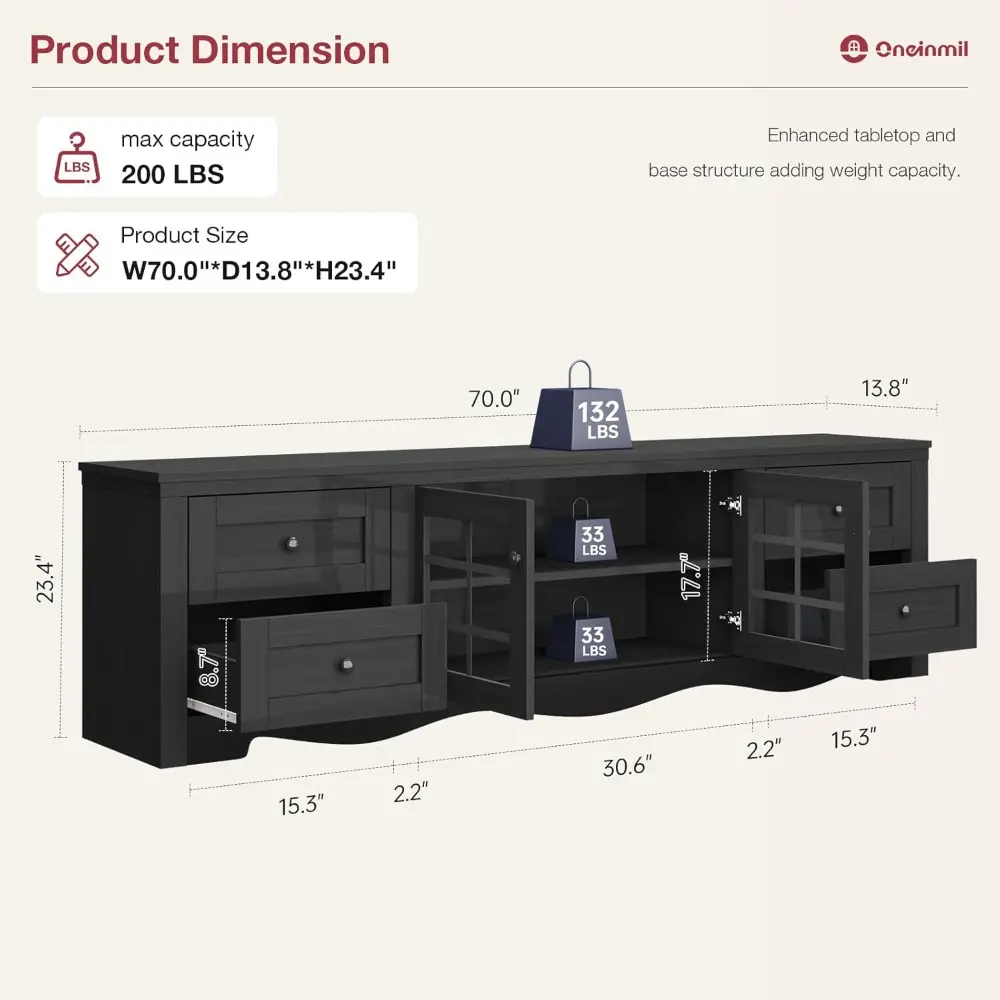 70" Modern TV Stands for for Living Room, Entertainment Center with 4 Large Drawers, Wood TV Console with Glass Door Storage Ca