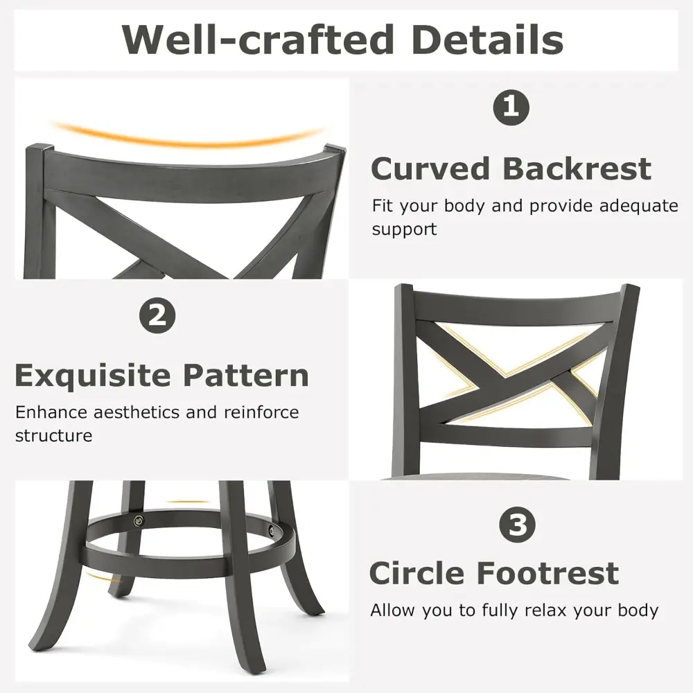 Bar Stools Set of 2, Counter Height Swivel Chairs with Hollow Back & Soft-Padded Seat, Linen Upholstered Pub Stools with Sturdy