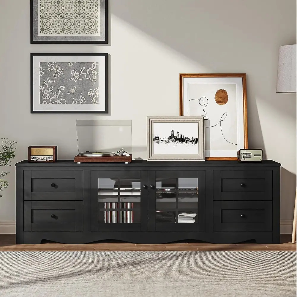 70" Modern TV Stands for for Living Room, Entertainment Center with 4 Large Drawers, Wood TV Console with Glass Door Storage Ca