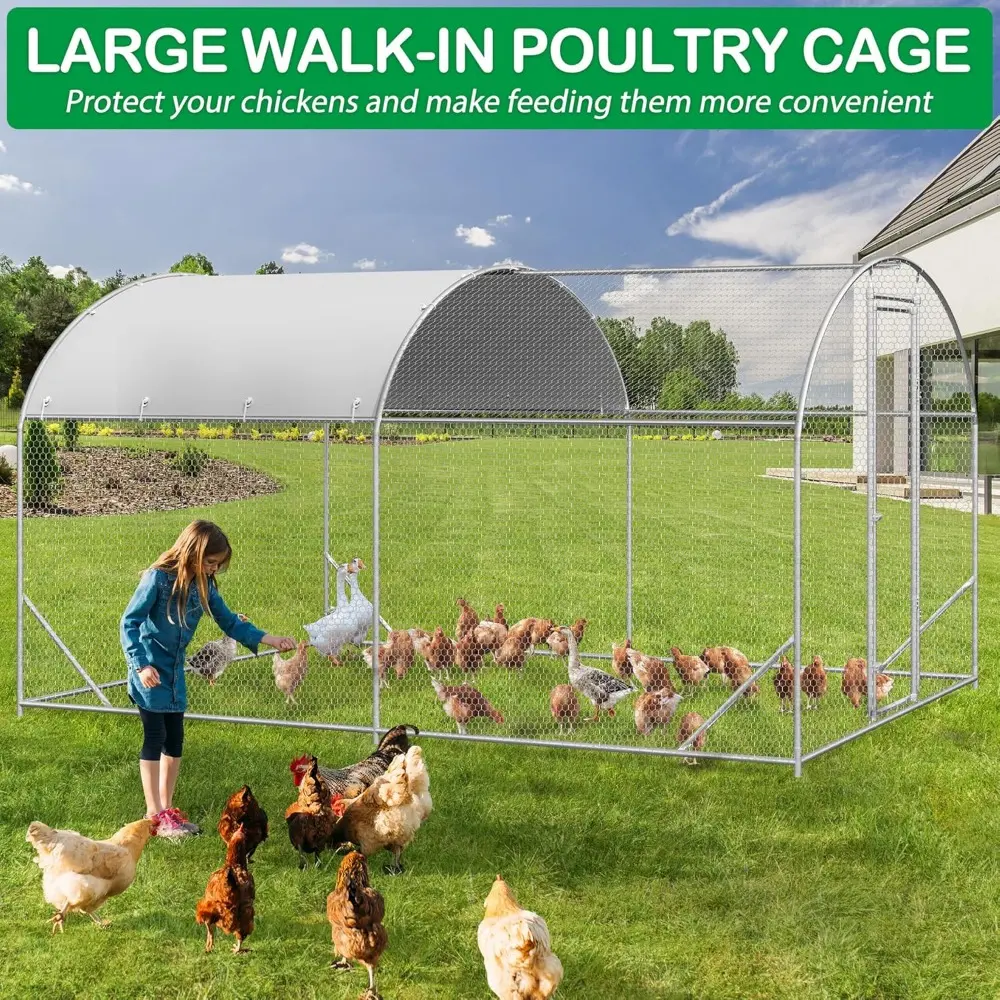 Large Metal Chicken Coop, Walk-in Chicken Run Pen with Waterproof Cover, Dome Roof Poultry Cage for Outdoor, Backyard, Farm (8.9