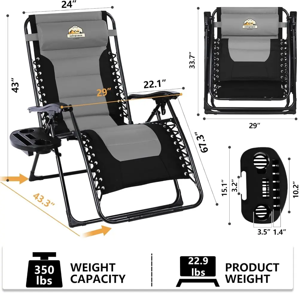 Oversized Padded Zero Gravity Lounge Chair Set of 2, Foldable Patio Anti Gravity Reclining Chairs Folding Lawn Recliner with