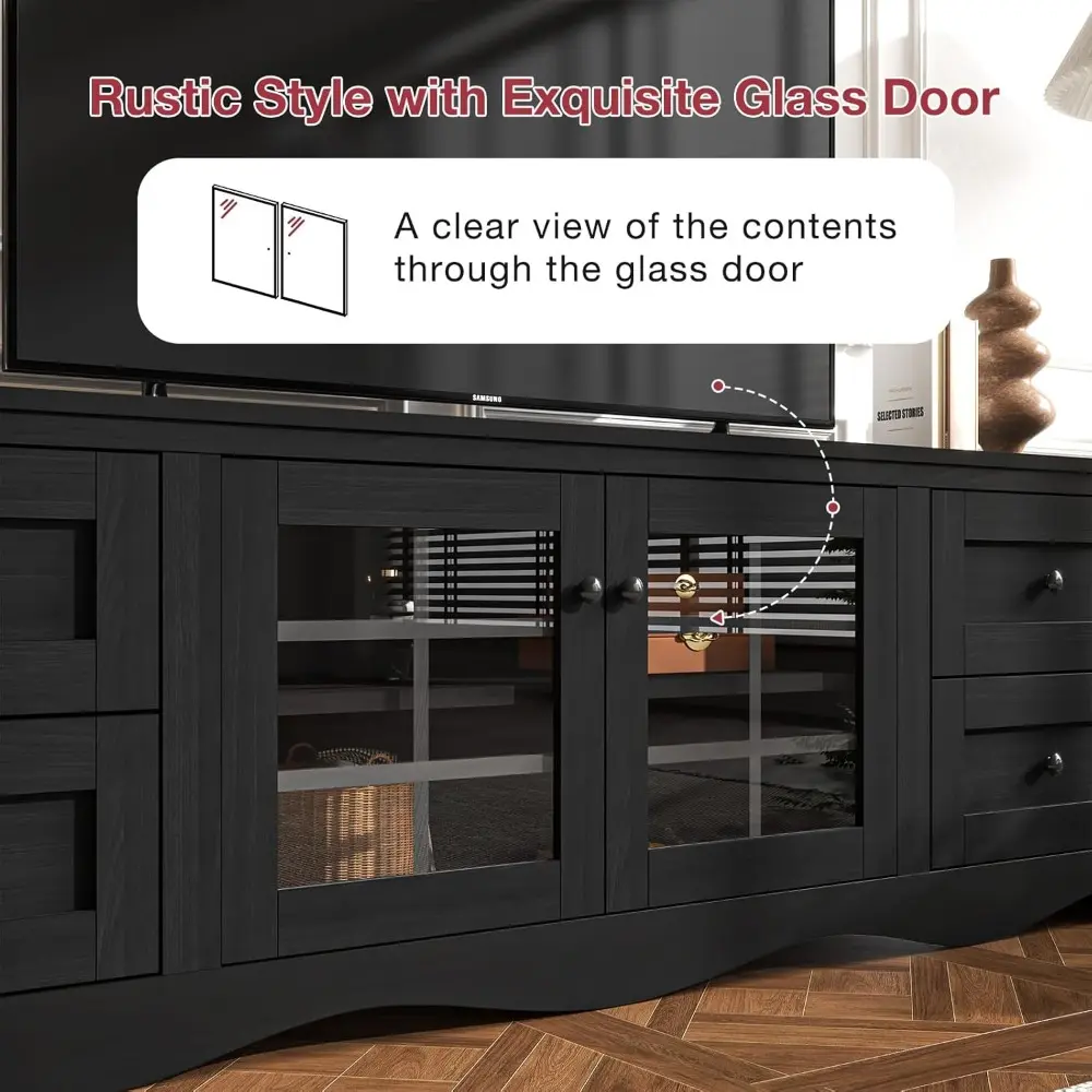 70" Modern TV Stands for for Living Room, Entertainment Center with 4 Large Drawers, Wood TV Console with Glass Door Storage Ca