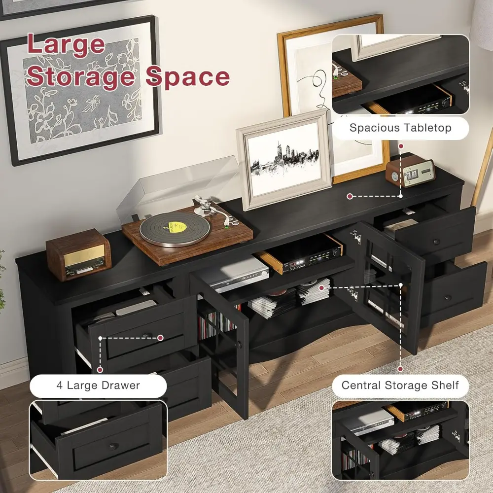 70" Modern TV Stands for for Living Room, Entertainment Center with 4 Large Drawers, Wood TV Console with Glass Door Storage Ca