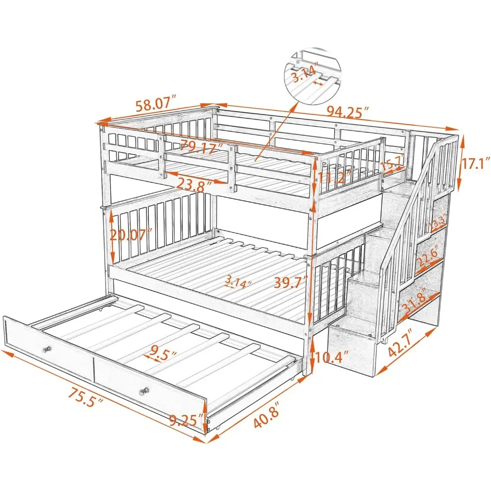 Full Over Bunk Beds with Stairs and Trundle Wood Bed Frame Staircase Storage Shelves for Kids Teens Adult, Detachable Stairway B