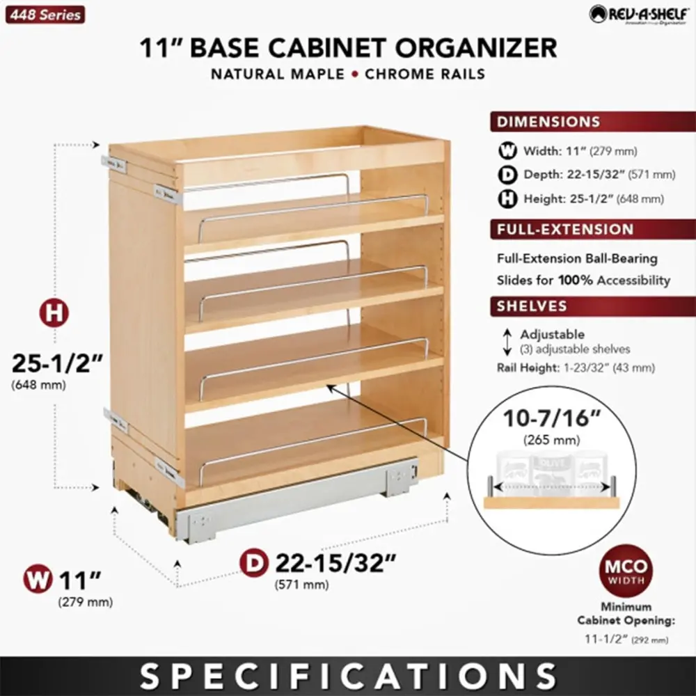 Rev-A-Shelf 11" Pullout Kitchen Cabinet Storage Organizer Slide Out Pantry Spice Rack with Adjustable Shelves for 11.5" W Cabine
