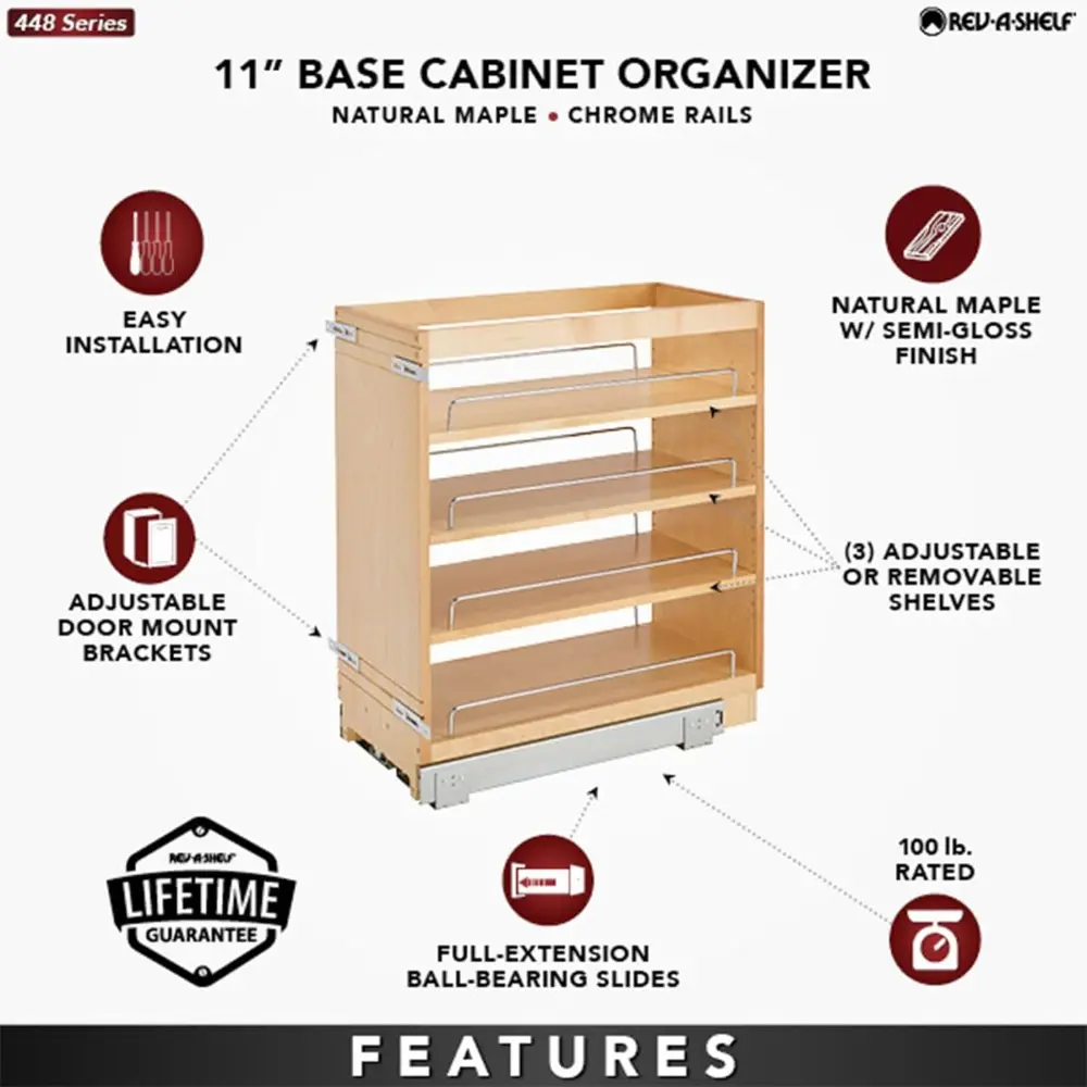 Rev-A-Shelf 11" Pullout Kitchen Cabinet Storage Organizer Slide Out Pantry Spice Rack with Adjustable Shelves for 11.5" W Cabine