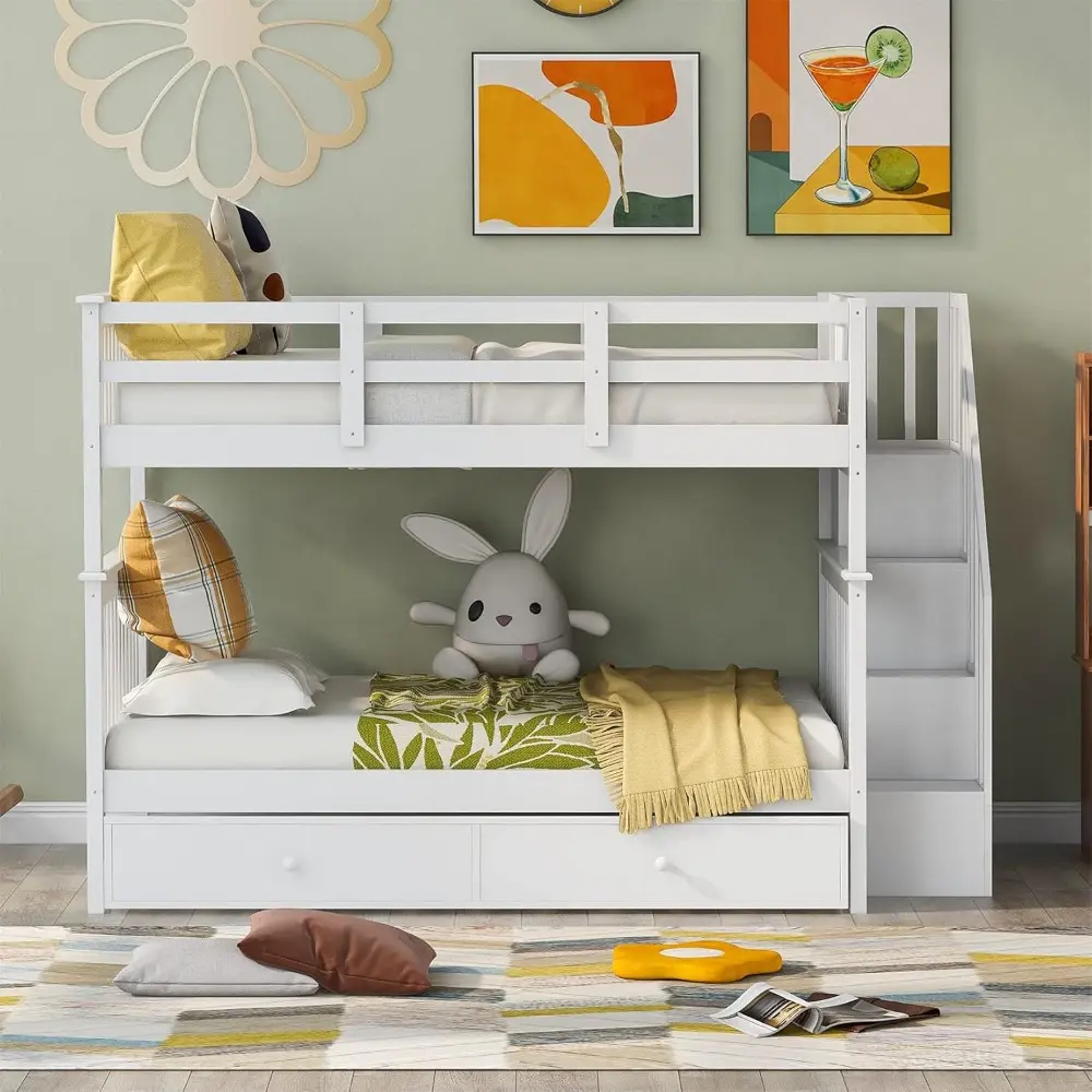 Full Over Bunk Beds with Stairs and Trundle Wood Bed Frame Staircase Storage Shelves for Kids Teens Adult, Detachable Stairway B