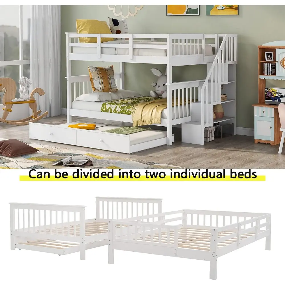 Full Over Bunk Beds with Stairs and Trundle Wood Bed Frame Staircase Storage Shelves for Kids Teens Adult, Detachable Stairway B