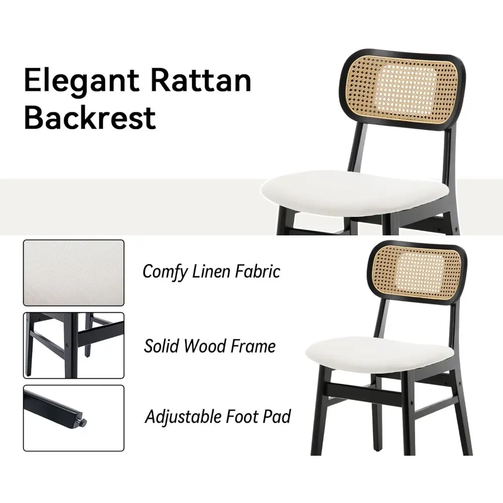Rattan Dining Chairs Set of 4 Farmhouse Black Wood Dining Room Chairs with Cane Back Mid Century Modern Linen Kitchen Chairs Uph