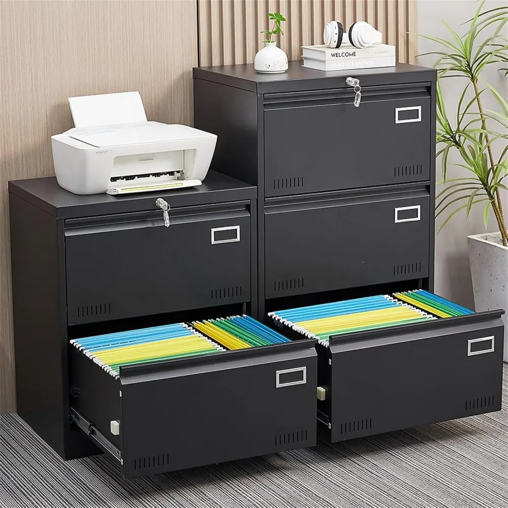 Lateral File Cabinet with Lock, 3 Drawer Metal Filing Cabinet with Card Holder for Home Office, Steel Wide Office File Cabinets