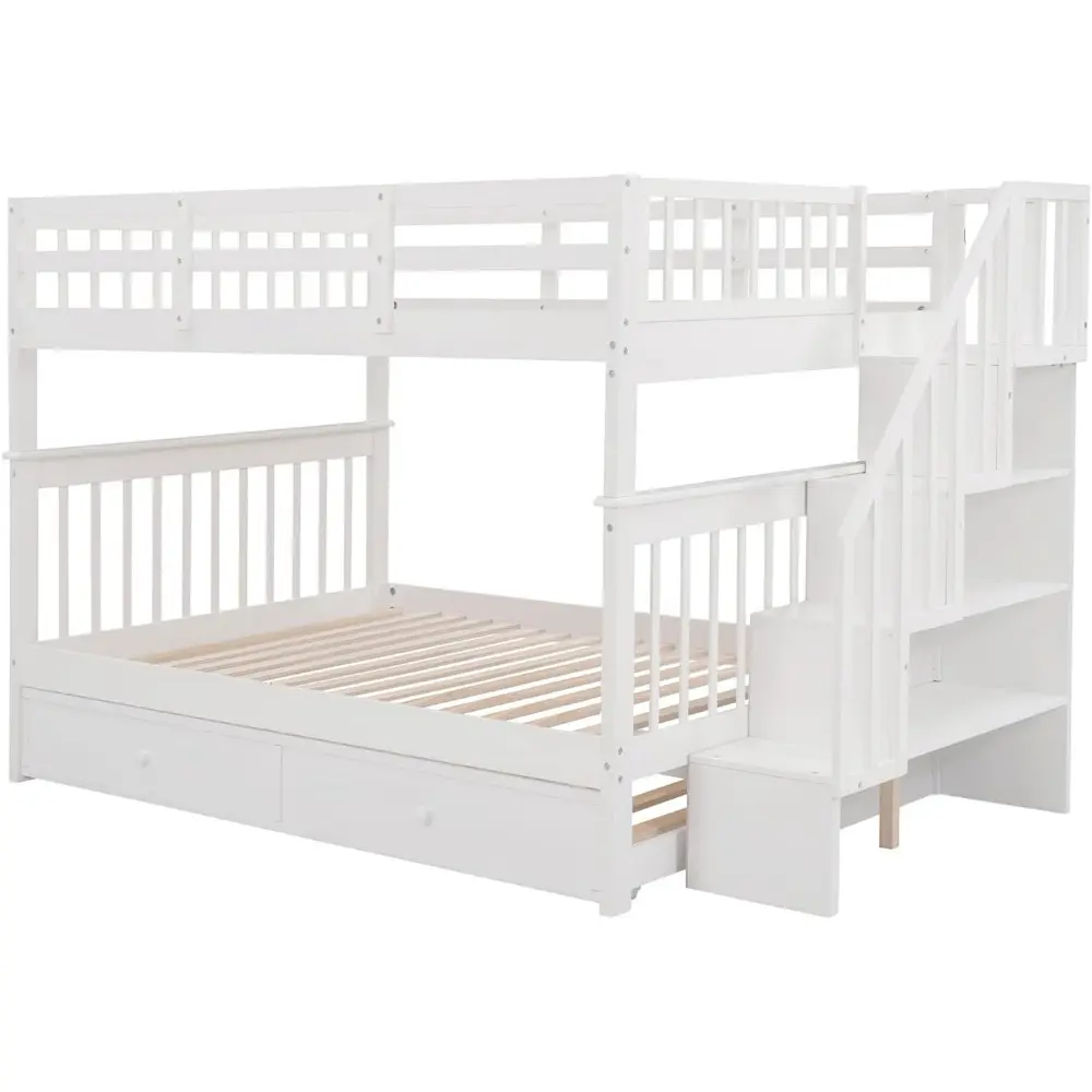 Full Over Bunk Beds with Stairs and Trundle Wood Bed Frame Staircase Storage Shelves for Kids Teens Adult, Detachable Stairway B