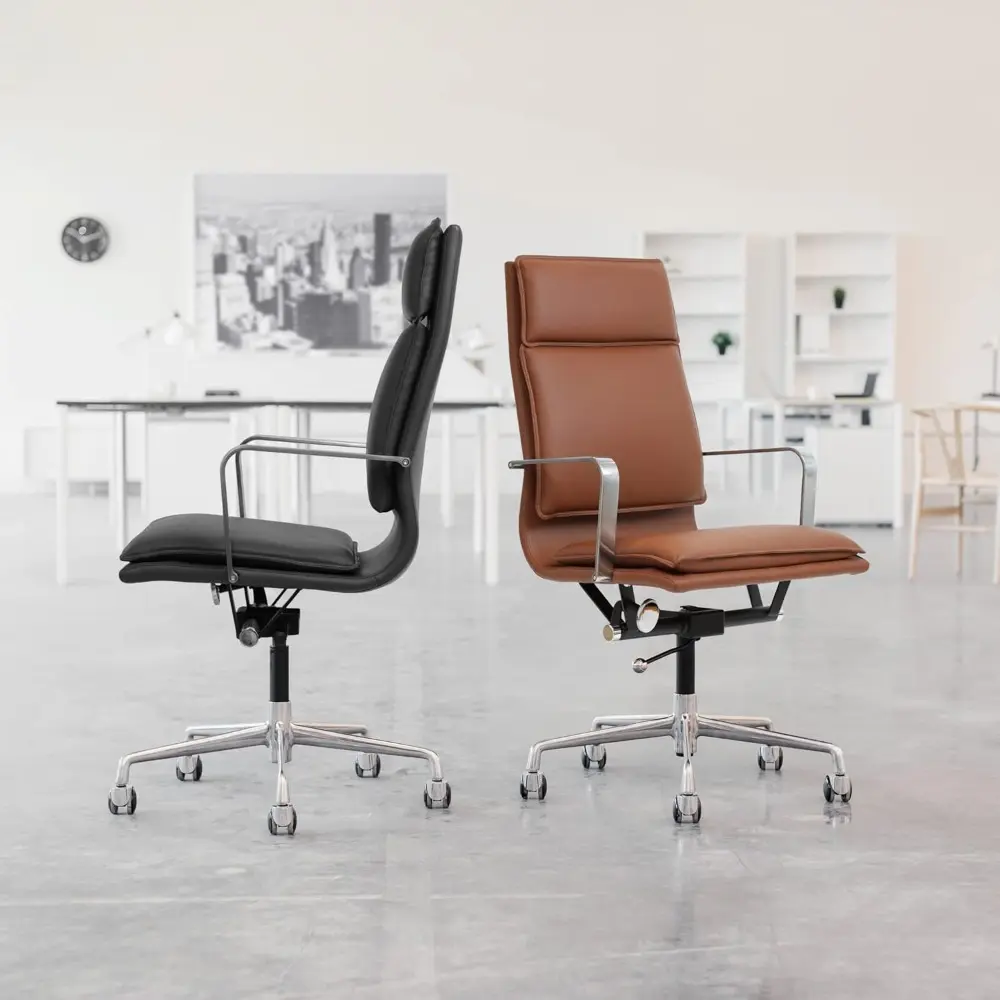 Lexi II Padded Office Chair - Tall Back Desk Chair with Aluminum Arm Rest, Swivel & Cushion Availability, Made of Faux Leather,