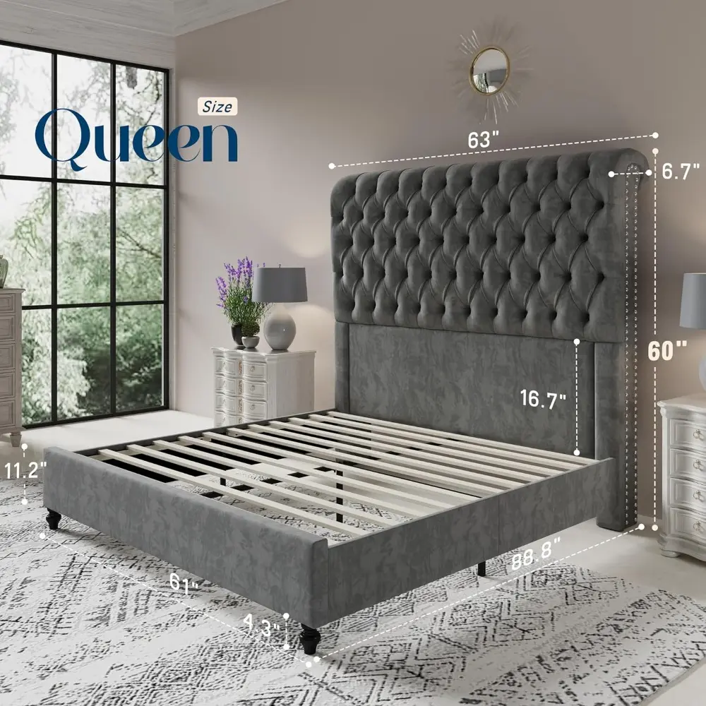 Jocisland Queen Size Bed Frame with Sleigh Headboard 60" Tall Velvet Upholstered Platform Bed, No Box Spring Needed, Light Gray