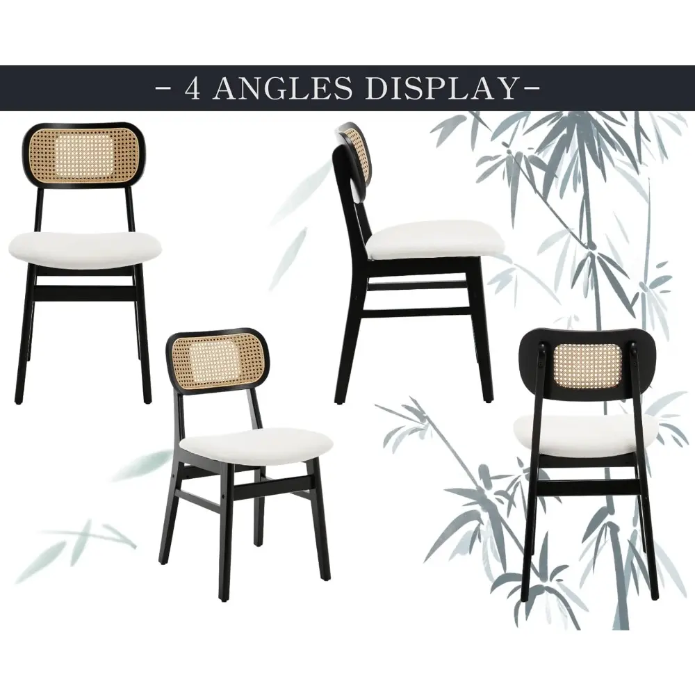Rattan Dining Chairs Set of 4 Farmhouse Black Wood Dining Room Chairs with Cane Back Mid Century Modern Linen Kitchen Chairs Uph
