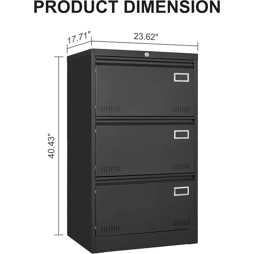 Lateral File Cabinet with Lock, 3 Drawer Metal Filing Cabinet with Card Holder for Home Office, Steel Wide Office File Cabinets