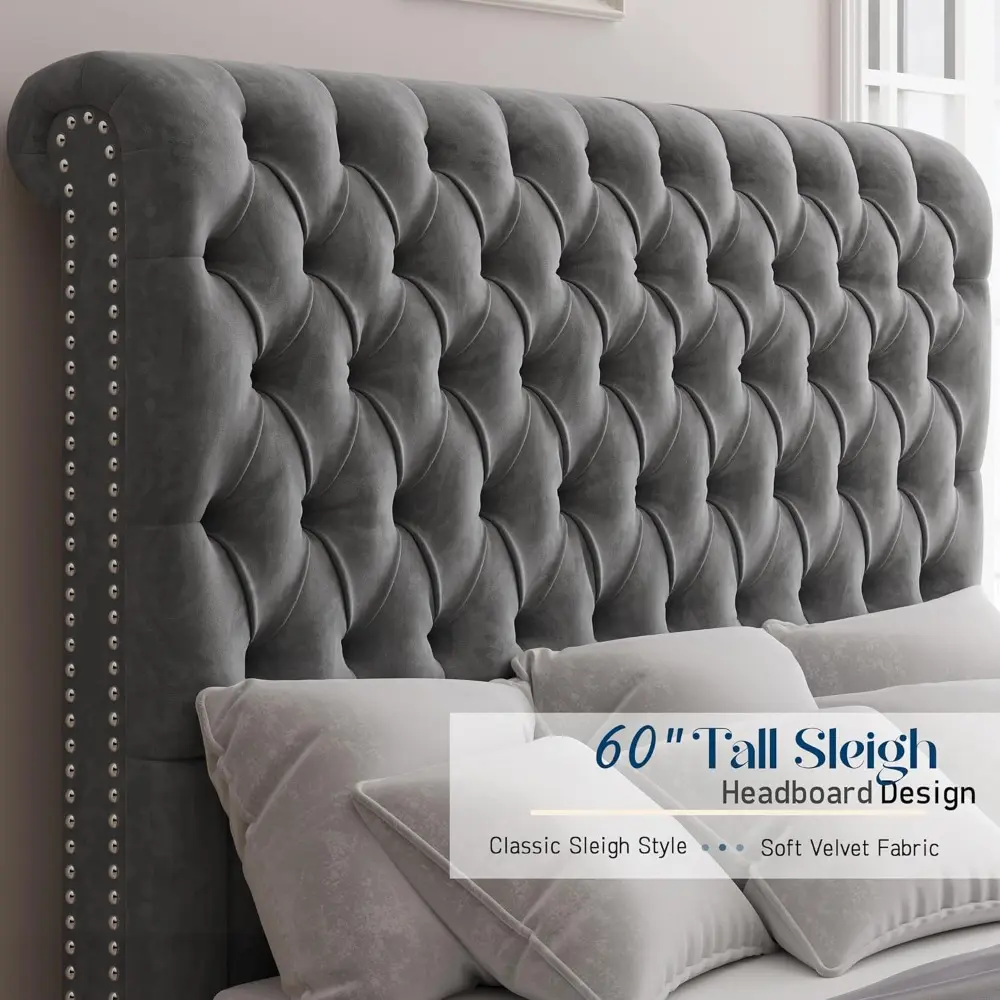 Jocisland Queen Size Bed Frame with Sleigh Headboard 60" Tall Velvet Upholstered Platform Bed, No Box Spring Needed, Light Gray