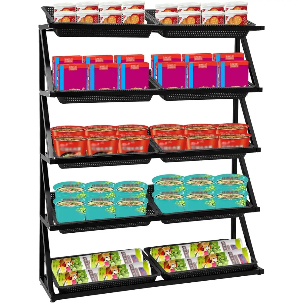 5 Tier Commercial Supermarket Fruit Vegetable Shelf Organizer, Retail Display Rack Market Shelf, Convenience Store Snack Display