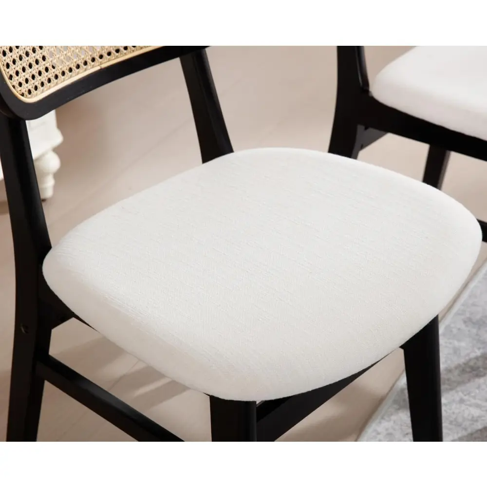 Rattan Dining Chairs Set of 4 Farmhouse Black Wood Dining Room Chairs with Cane Back Mid Century Modern Linen Kitchen Chairs Uph