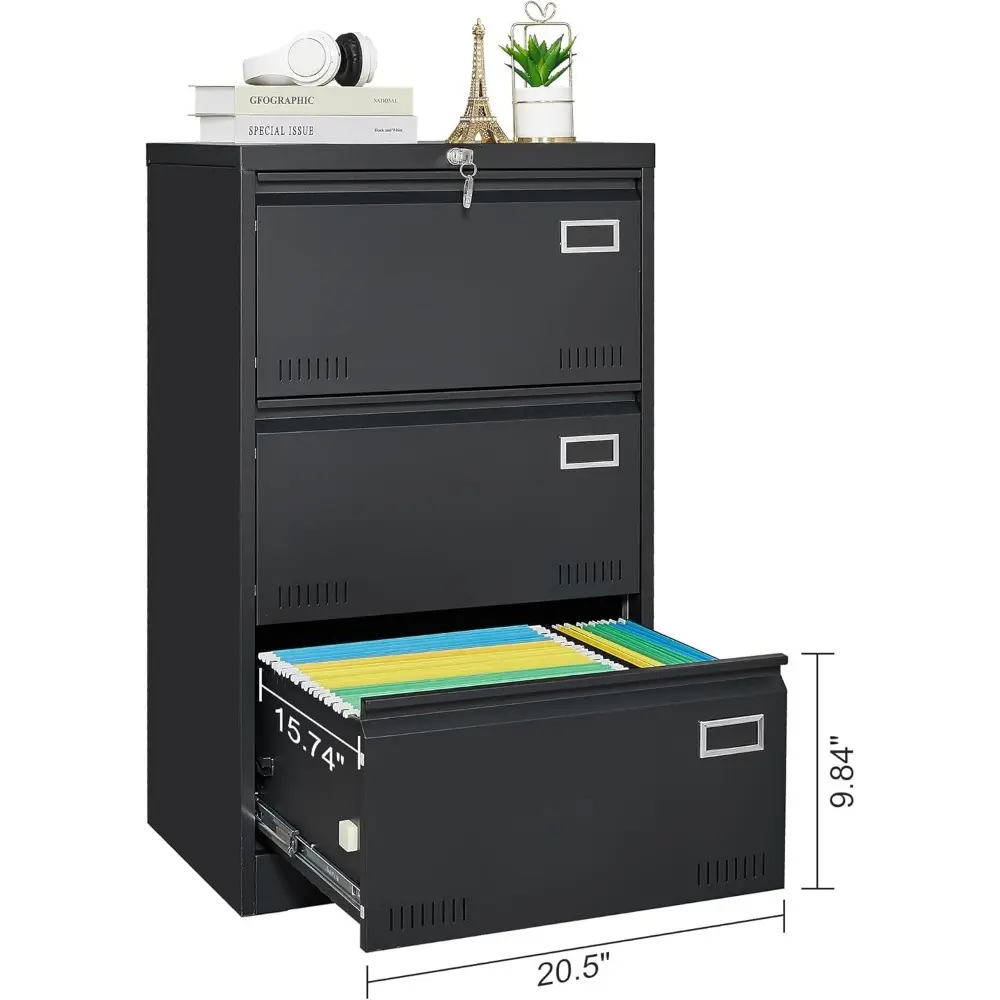 Lateral File Cabinet with Lock, 3 Drawer Metal Filing Cabinet with Card Holder for Home Office, Steel Wide Office File Cabinets