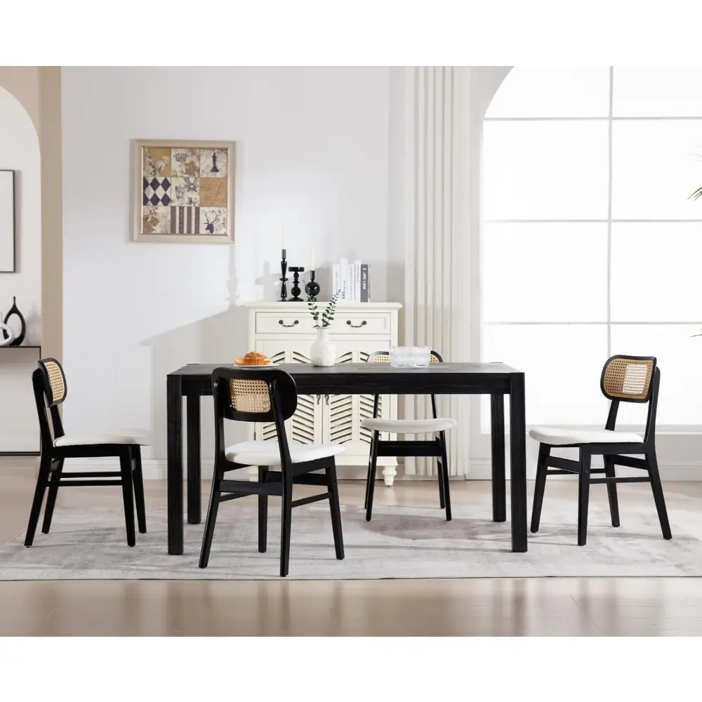 Rattan Dining Chairs Set of 4 Farmhouse Black Wood Dining Room Chairs with Cane Back Mid Century Modern Linen Kitchen Chairs Uph