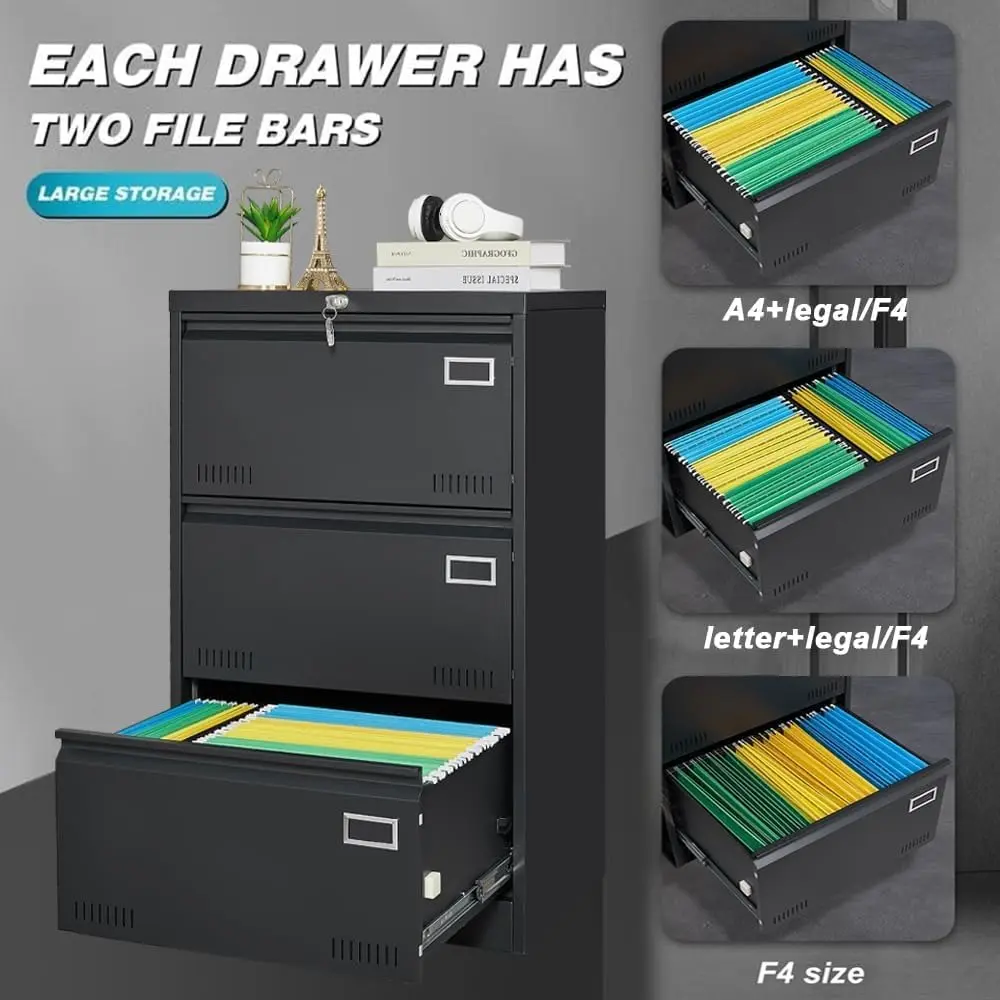 Lateral File Cabinet with Lock, 3 Drawer Metal Filing Cabinet with Card Holder for Home Office, Steel Wide Office File Cabinets