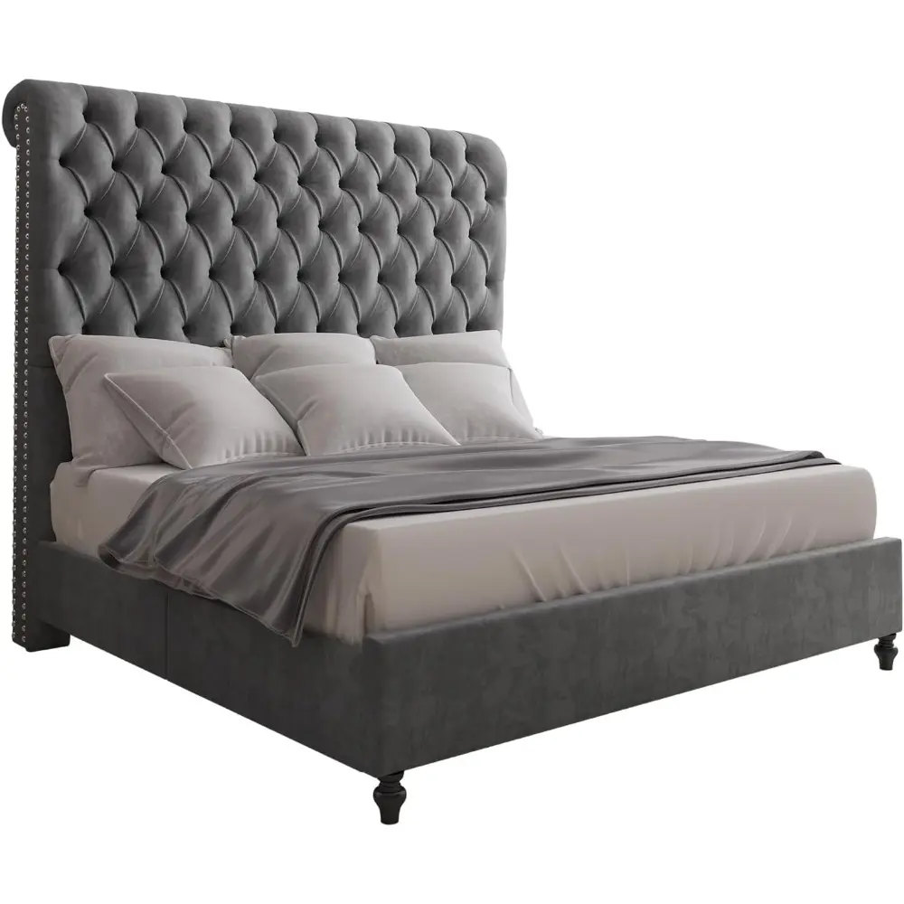 Jocisland Queen Size Bed Frame with Sleigh Headboard 60" Tall Velvet Upholstered Platform Bed, No Box Spring Needed, Light Gray