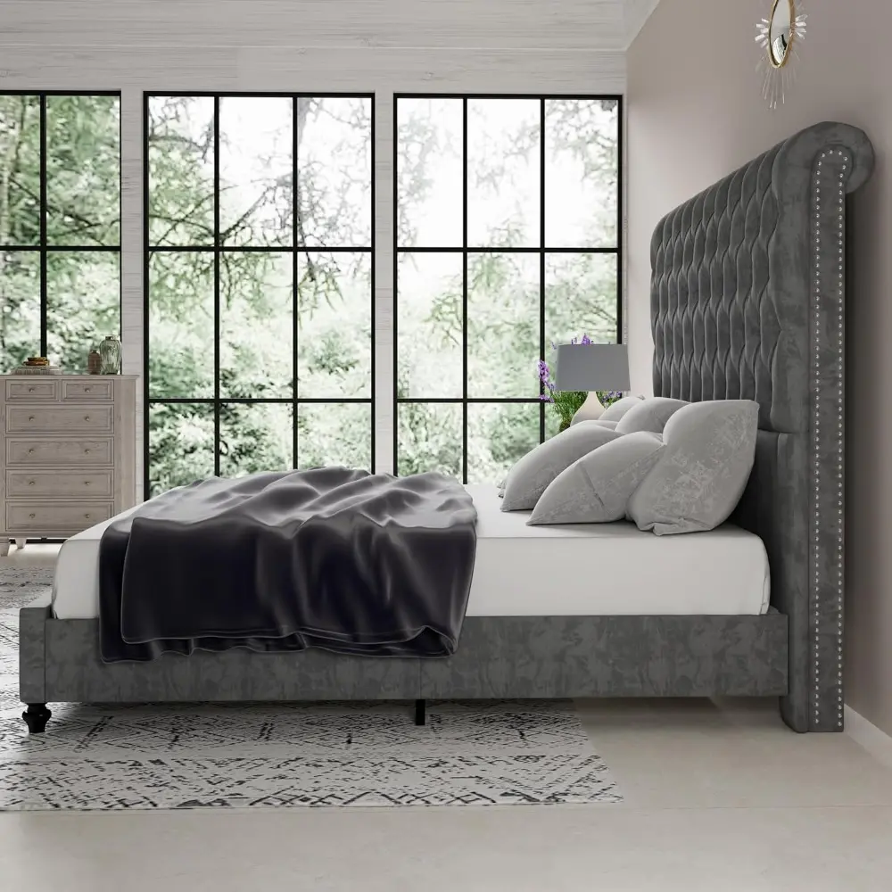 Jocisland Queen Size Bed Frame with Sleigh Headboard 60" Tall Velvet Upholstered Platform Bed, No Box Spring Needed, Light Gray