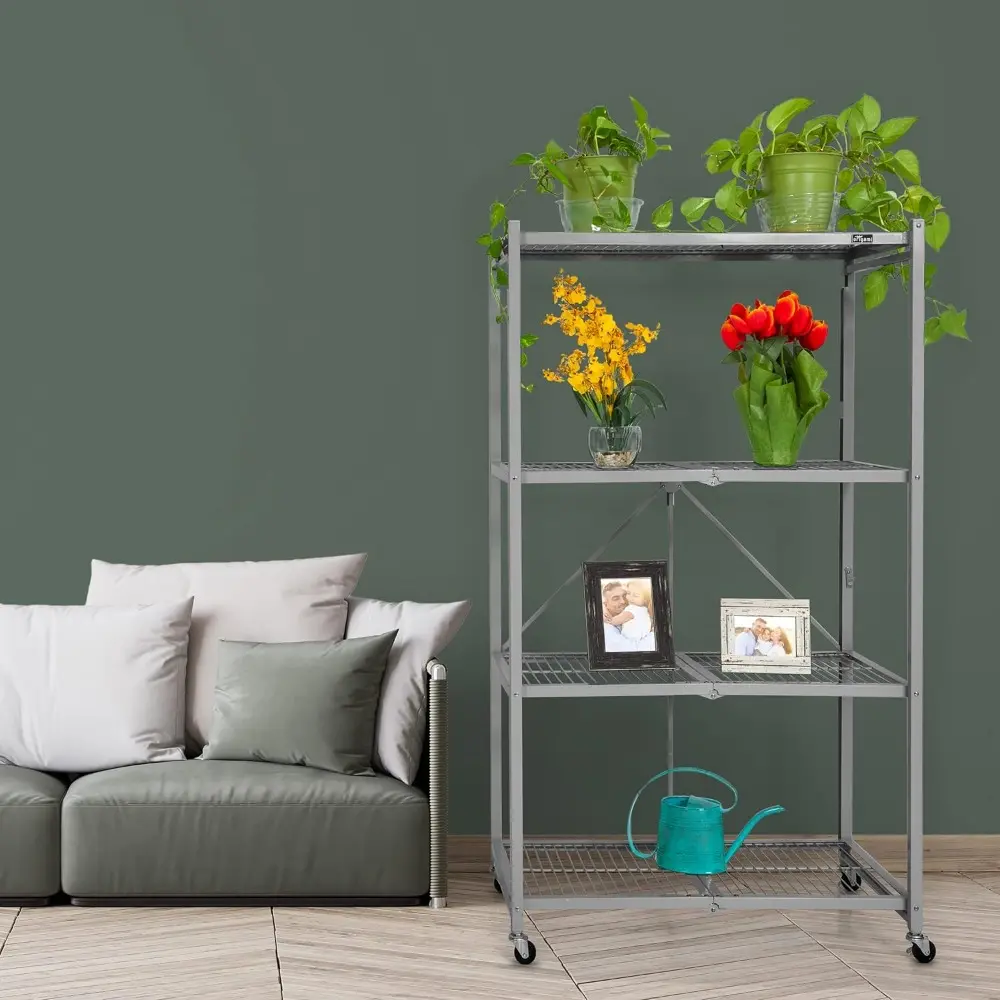 R5 4-Shelf Heavy-Duty Folding Storage Rack, White - Large Foldable Metal Shelving Unit with Wheels for Garage, Pantry, Basement