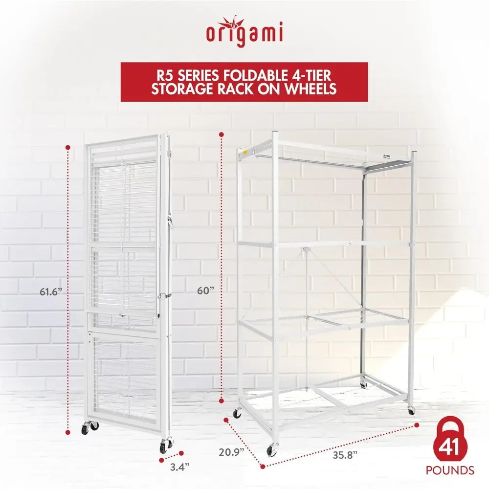 R5 4-Shelf Heavy-Duty Folding Storage Rack, White - Large Foldable Metal Shelving Unit with Wheels for Garage, Pantry, Basement