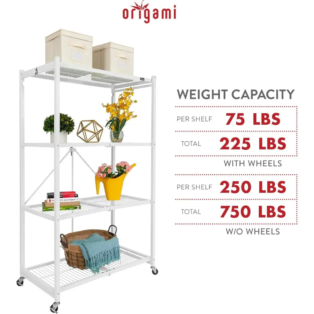R5 4-Shelf Heavy-Duty Folding Storage Rack, White - Large Foldable Metal Shelving Unit with Wheels for Garage, Pantry, Basement