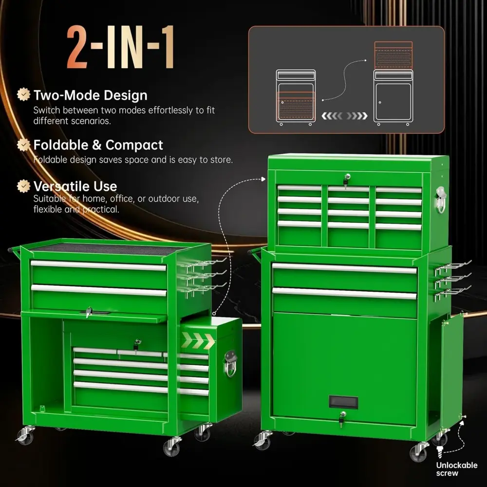 8 Drawer Tool Chest with Wheels, 2-in-1 Detachable Rolling Tool Box with Drawers, Large Tool Cart on Lockable Wheels, Metal Too