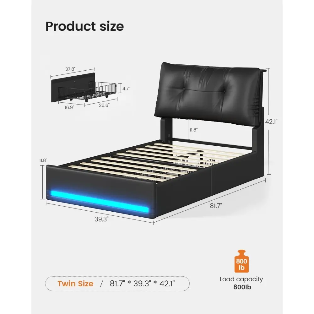 AOGLLATI Twin Bed Frame with Removable Upholstered Thick Backrest Headboard, Led Twin Bed with 4 Storage Drawers and Charging St