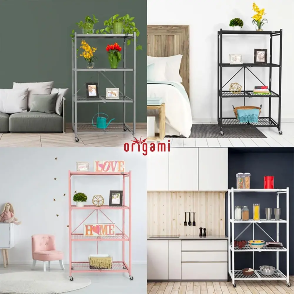 R5 4-Shelf Heavy-Duty Folding Storage Rack, White - Large Foldable Metal Shelving Unit with Wheels for Garage, Pantry, Basement