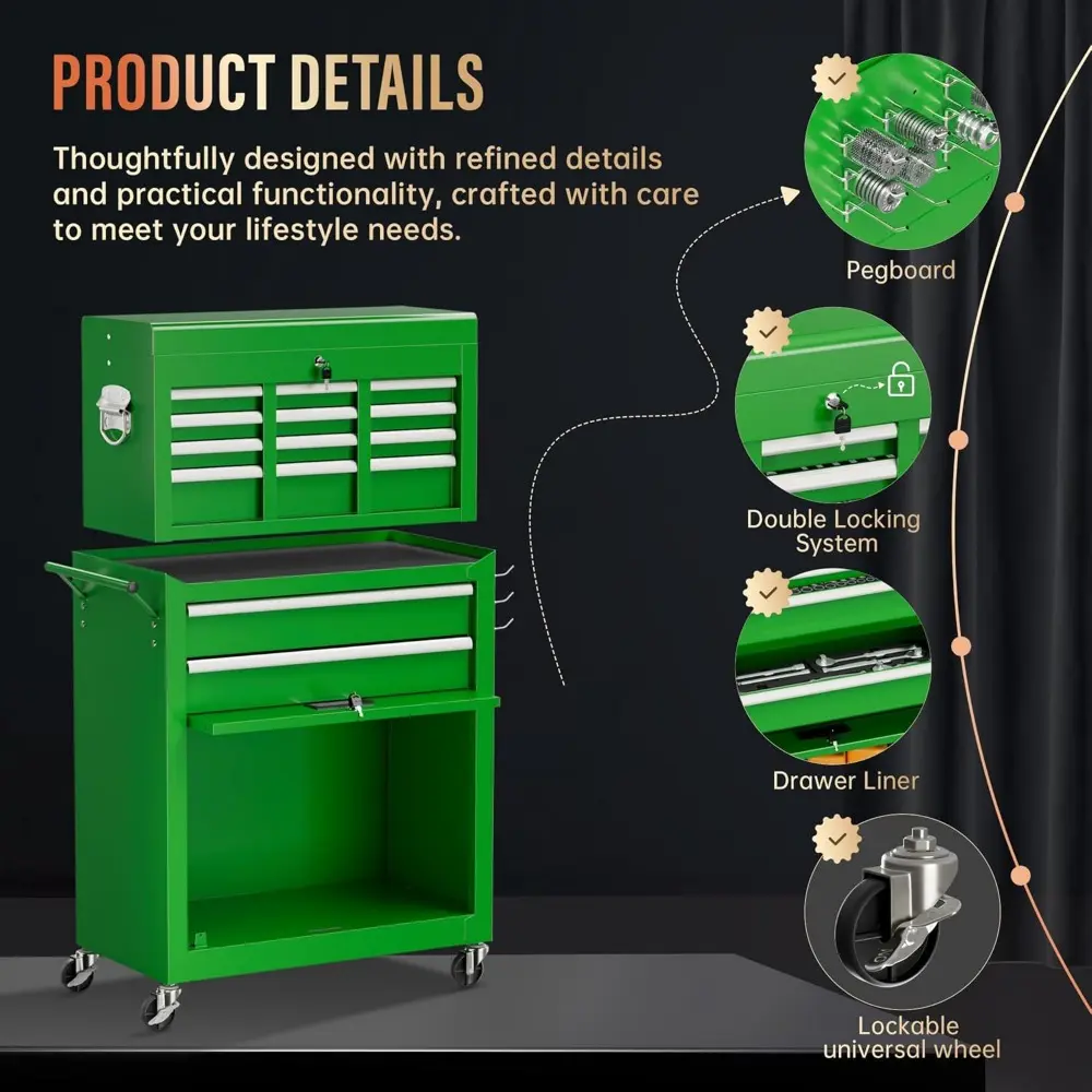 8 Drawer Tool Chest with Wheels, 2-in-1 Detachable Rolling Tool Box with Drawers, Large Tool Cart on Lockable Wheels, Metal Too