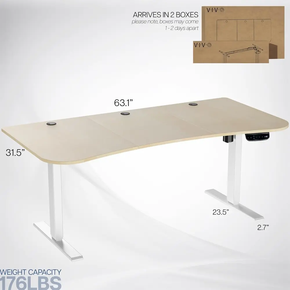 Electric 63 x 32 in Standing Desk, Memory Height Adjustment, 176 lb Frame Support, 2E Series, Light Wood Top White Frame, DESK-