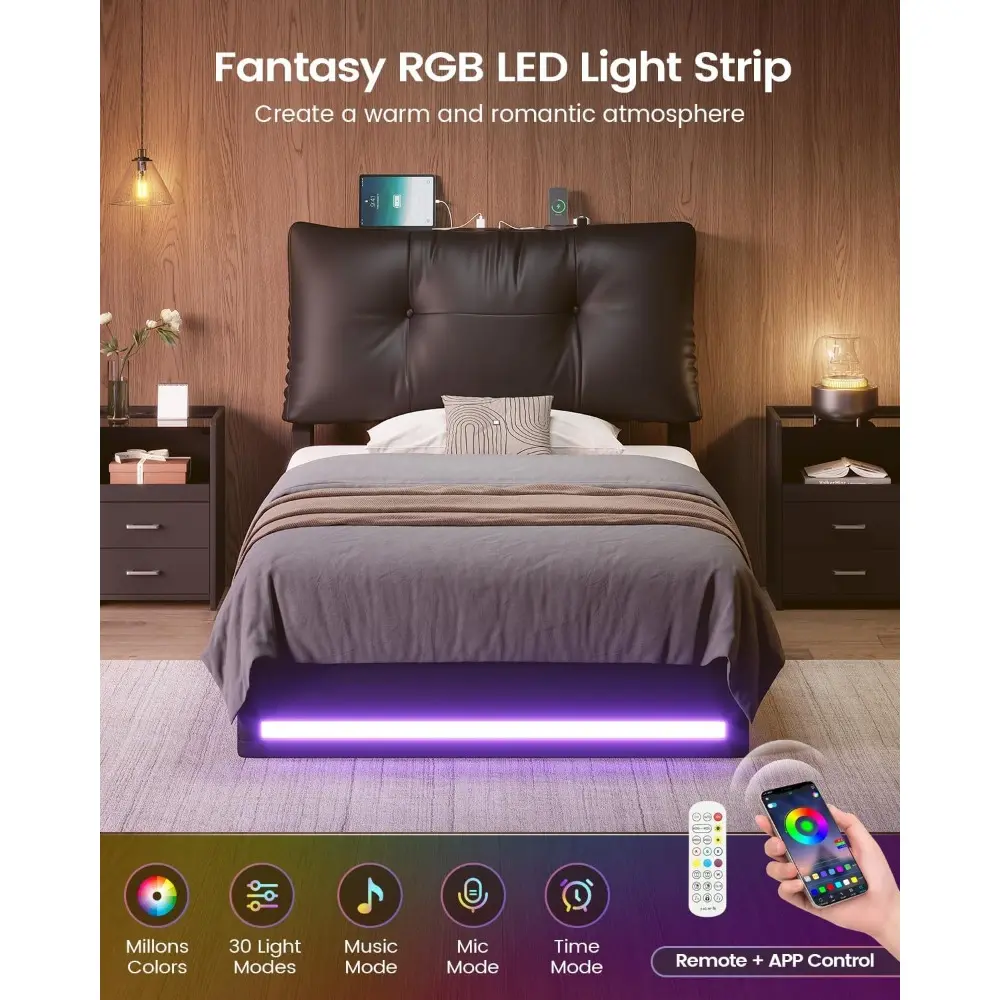 AOGLLATI Twin Bed Frame with Removable Upholstered Thick Backrest Headboard, Led Twin Bed with 4 Storage Drawers and Charging St